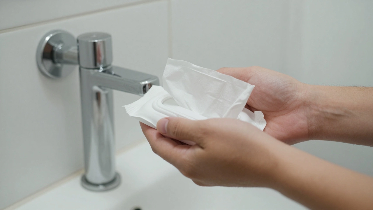 A hand using a wet wipe after using the toilet, with a bidet attachment in the background.