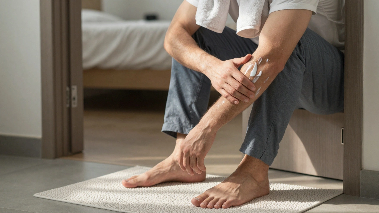 A man applying lotion to his arms after a shower, towel over shoulder, natural light streaming in.