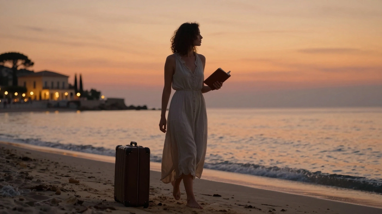 A woman walking alone on a quiet beach at sunset, holding a journal, symbolizing personal freedom.