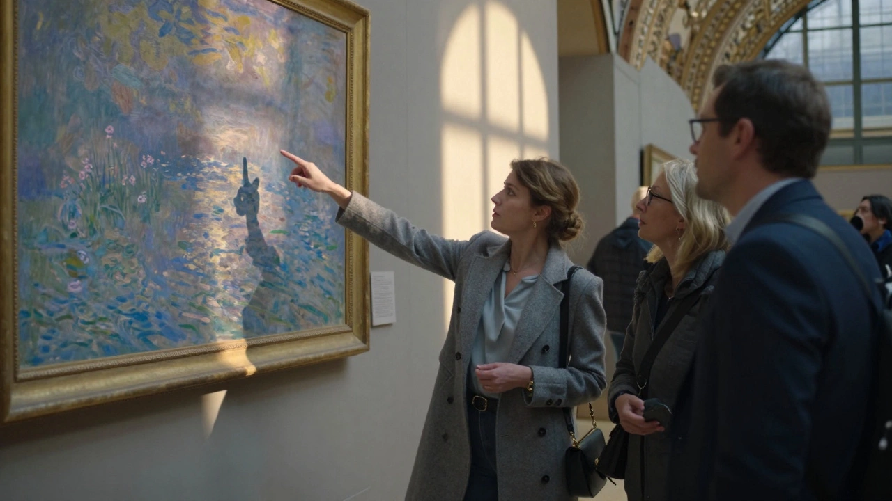 An elegant guide sharing insights about Monet&#039;s painting with clients in the Musée d’Orsay at golden hour.